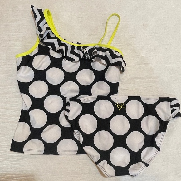 Justice Girls Swimsuit Tankini Size 16 Yellow Black Polka Dot - Picture 2 of 14